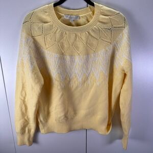 LOFT Women's Sz Lg‎ Butter Yellow Knit Sweater White Geometric Pattern Crew Neck